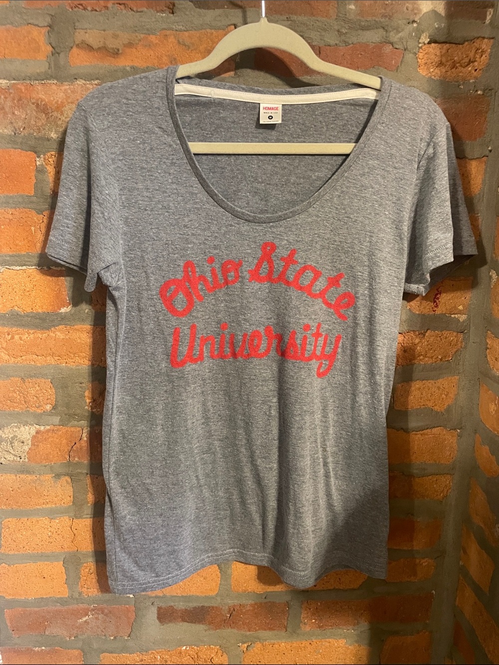 HOMAGE Gray Scoop Neck Tee with Red Ohio State Script